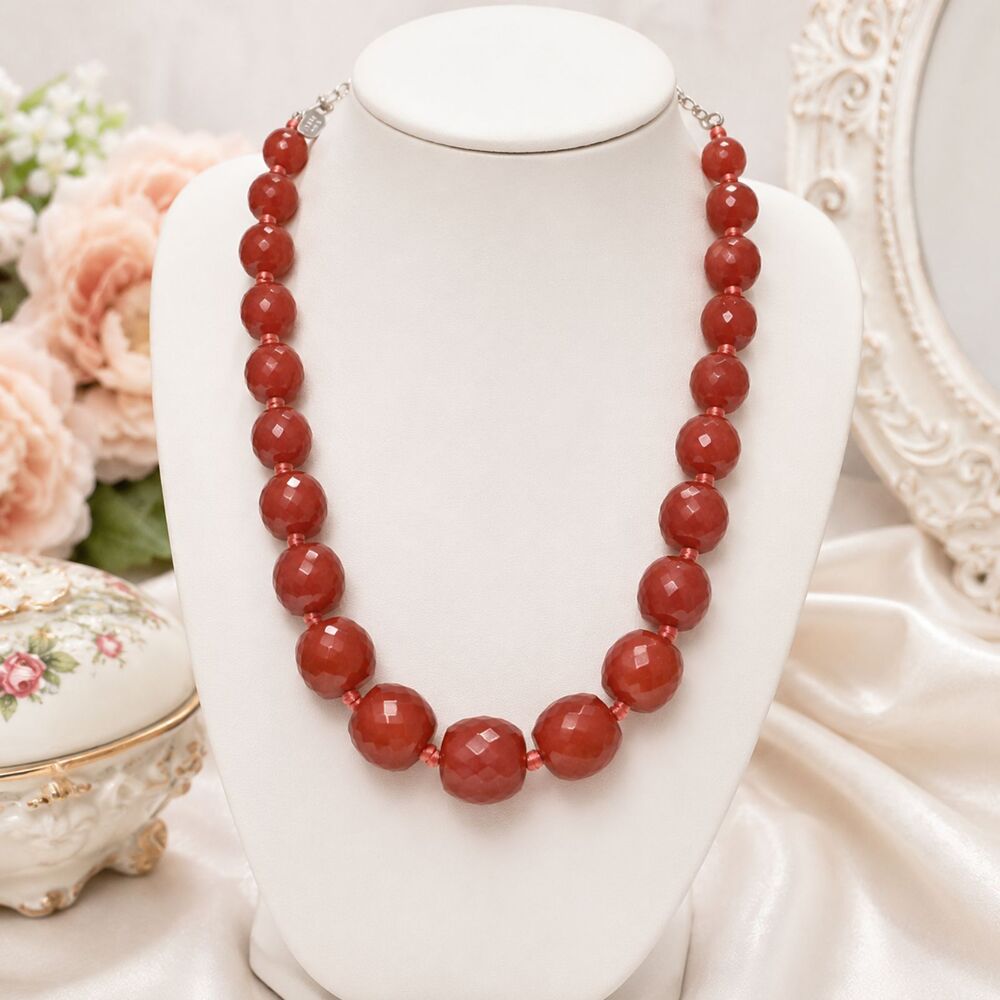 JLO Faceted Faux Carnelian Hand Knotted Graduated Bead Necklace 16"